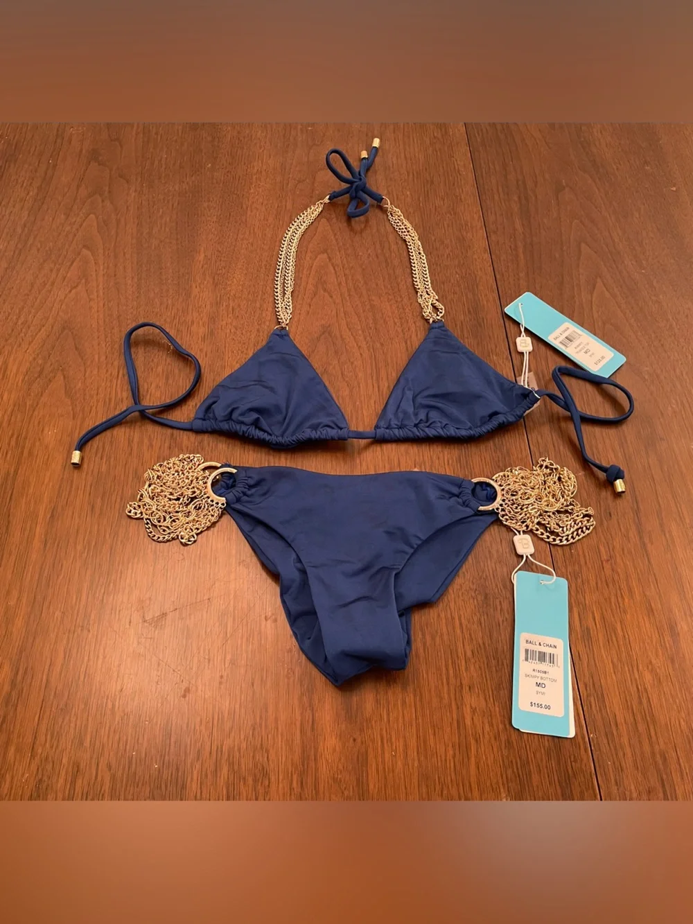 NWT beach bunny bikini Gold Chain Accent Navy Triangle Bikini Set - Women Swim - Picture 4 of 9